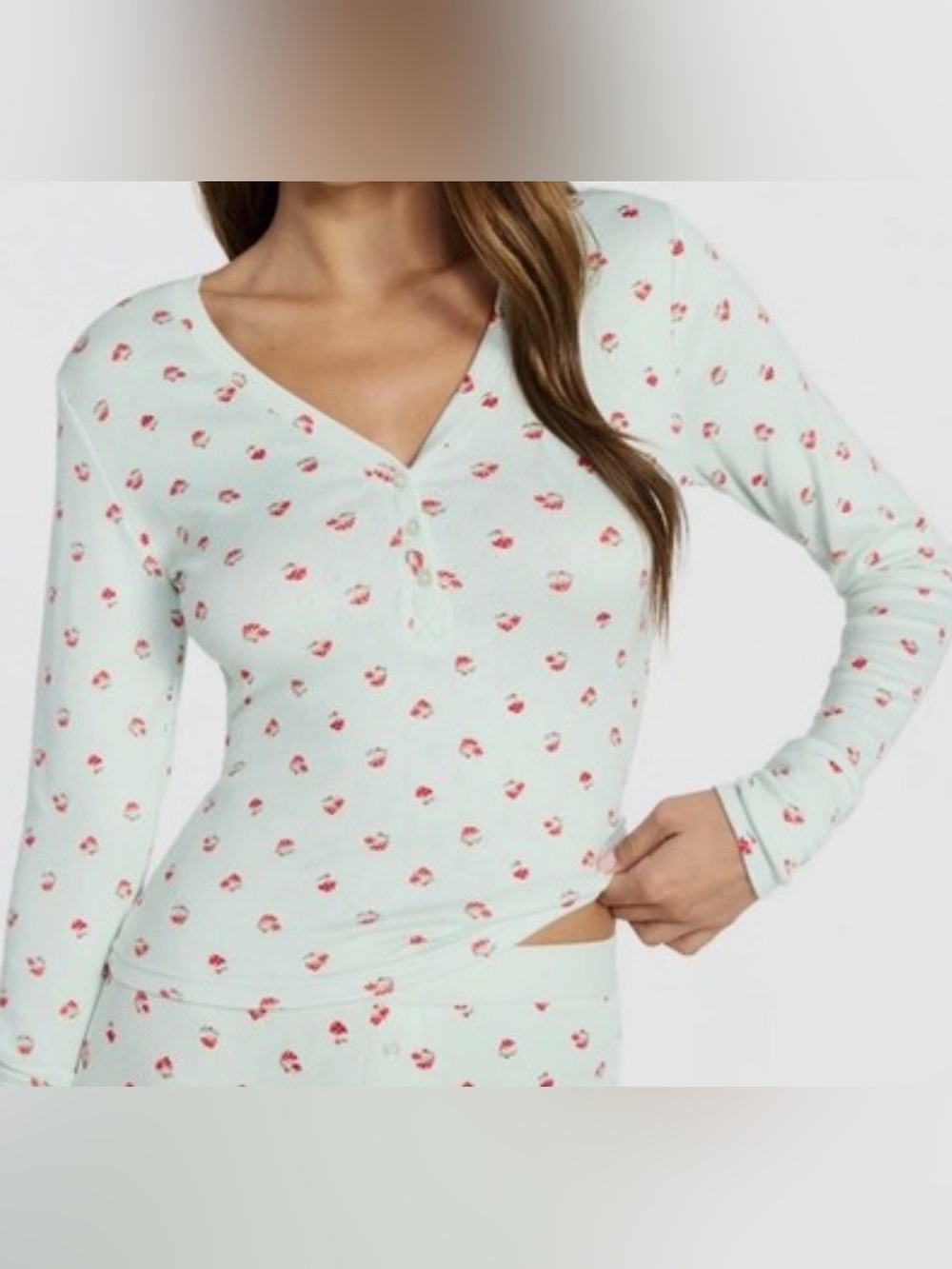 NoBo Mint Green Long Sleeve Henley Top Size L Mushrooms Lightweight V Neck - Picture 2 of 9